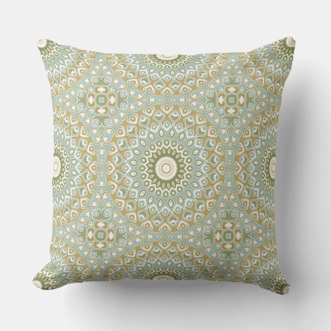Coussin Mandala Terrien en Vert, Or et Bleu Clair (Recto)