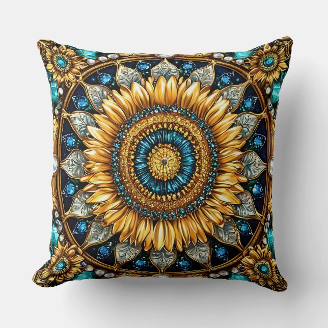 Coussin Mandala Tournesol Doré Avec Pierres Précieuses Int (Recto)