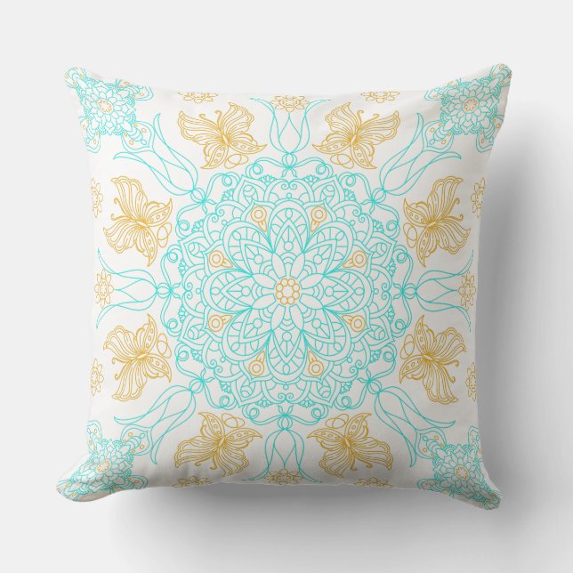 Coussin Mandala turquoise et or avec papillon (Recto)