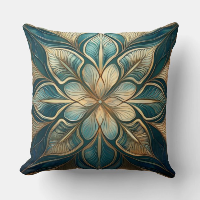 Coussin Mandala Turquoise et or - Design sophistiqué (Recto)