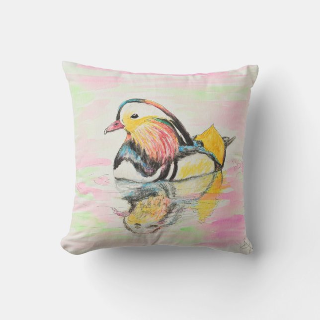 Coussin Mandarin Duck Ink et peinture aquarelle (Recto)