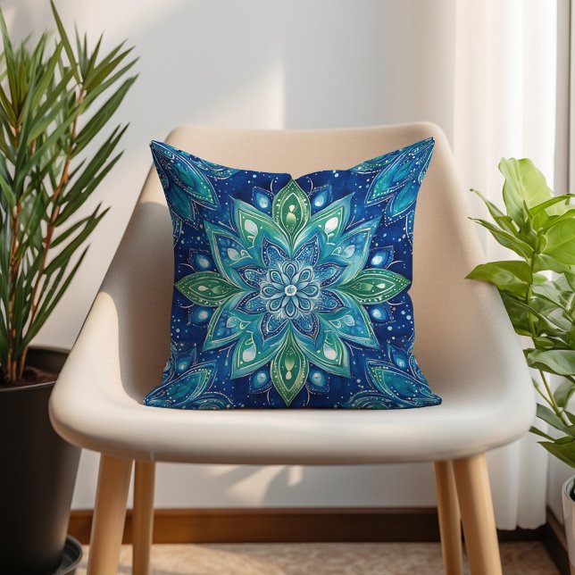 Coussin Mandela Bohème Turquoise Vert Marine (Navy Green Turquoise Mandela Boho Throw Pillow)