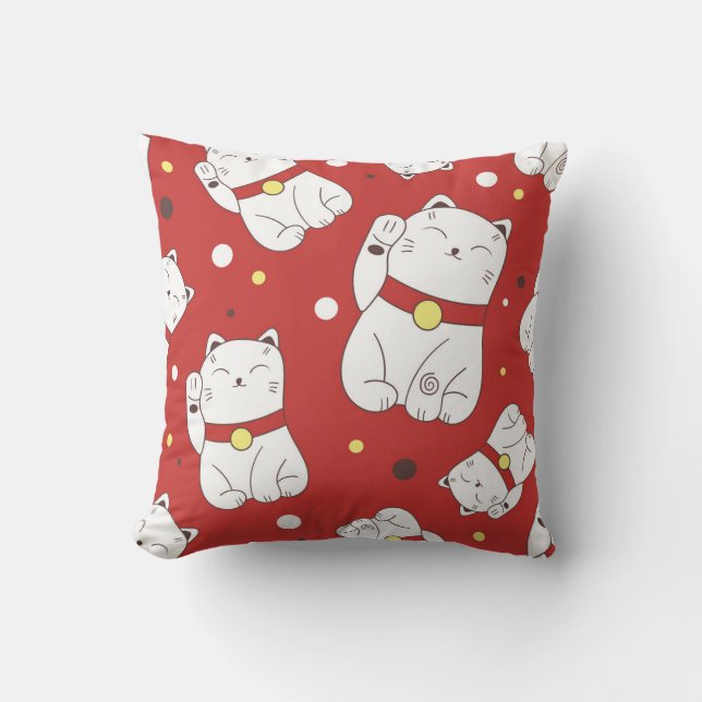 Coussin Maneki-Neko chat, motif japonais de doodle. (Recto)