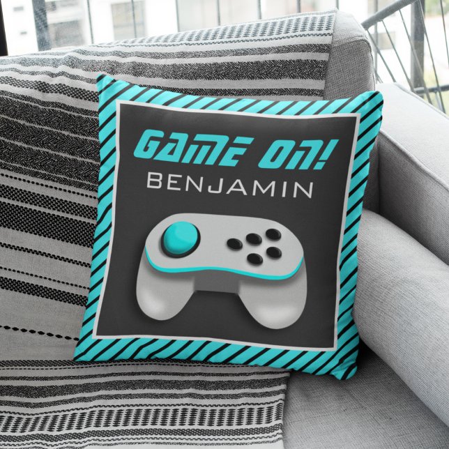 Coussin Manette de jeu vidéo bleue et blanche Chambre d'en (Créateur téléchargé)