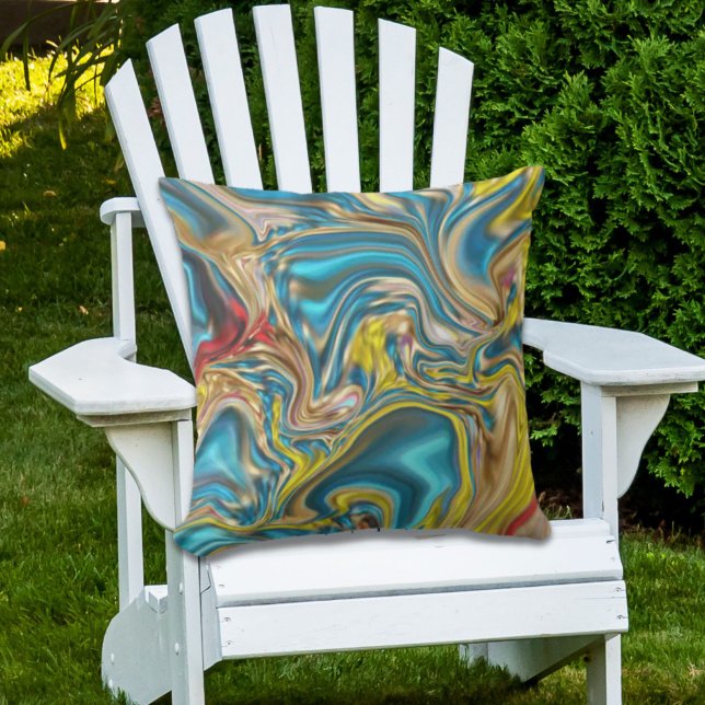 Coussin marbre abstrait tourbillons jaune turquoise bleu t (abstract marble swirls yellow teal turquoise blue outdoor pillow)