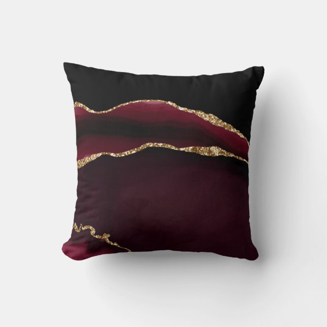 Coussin Marbre Agate Chic Noir Violet Paillettes Dorées (Recto)