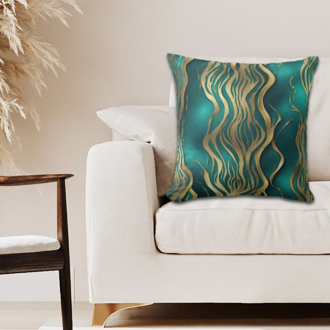 Coussin Marbre beige moderne Swirl Turquoise Bleu Turquois (Modern Beige Marble Swirl Turquoise Teal Blue Throw Pillow)