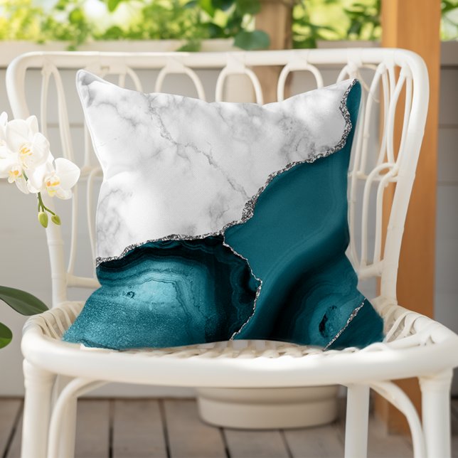 Coussin Marbre blanc Agate sarcelle Argent (Créateur téléchargé)