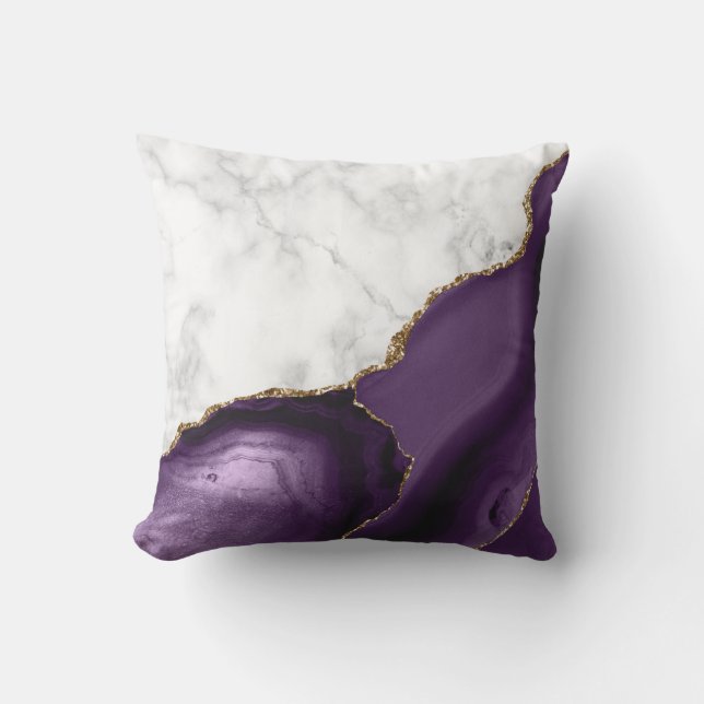 Coussin Marbre Blanc Agate Violette Paillettes Dorées (Recto)