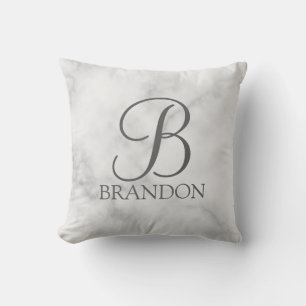 Coussin Marbre blanc de script personnalisé Monogramme et 