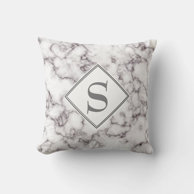 Coussin Marbre Blanc Élégant et Gris Monogramme (Recto)