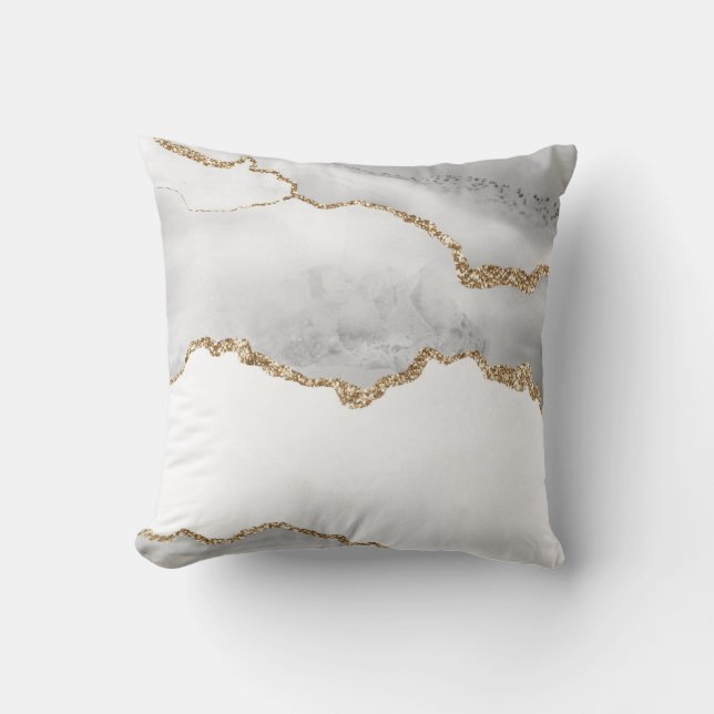 Coussin Marbre Blanc Grisé Agate Raffiné Paillettes Dorées (Recto)