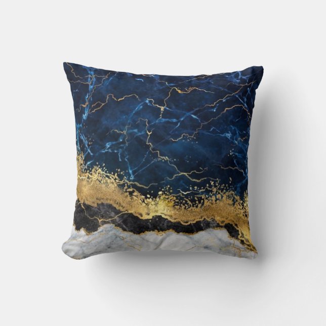 Coussin Marbre blanc Marine Blue Gold Agate (Recto)