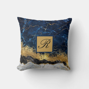 Coussin Marbre blanc Marine Blue Gold Agate Monogramme Jet