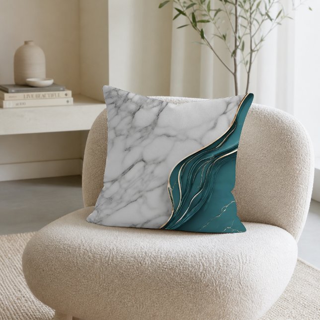 Coussin Marbre blanc moderne avec sarcelle foncée et or (Créateur téléchargé)