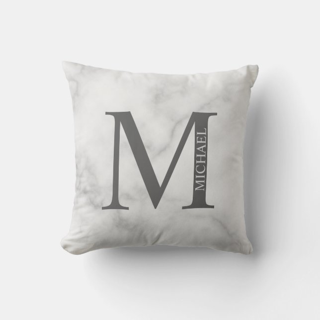 Coussin Marbre blanc Monogramme personnalisé et nom (Recto)