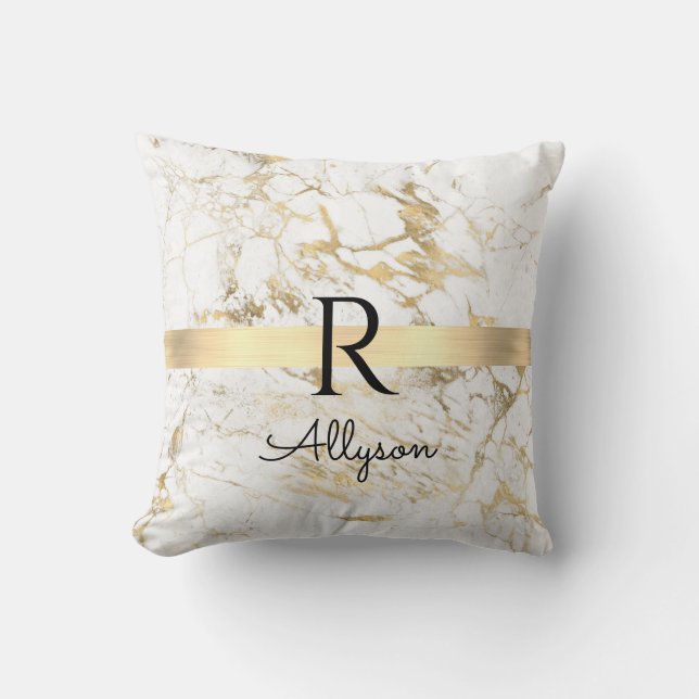 Coussin Marbre Blanc & Or Barre Or, Monogramme Nom Noir DI (Recto)