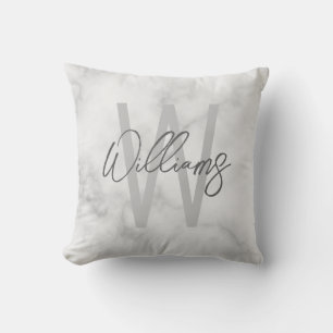 Coussin Marbre blanc Script Monogramme personnalisé et nom