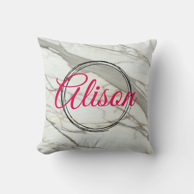 Coussin Marbre blanc tendance fuchsia nom personnalisé (Recto)