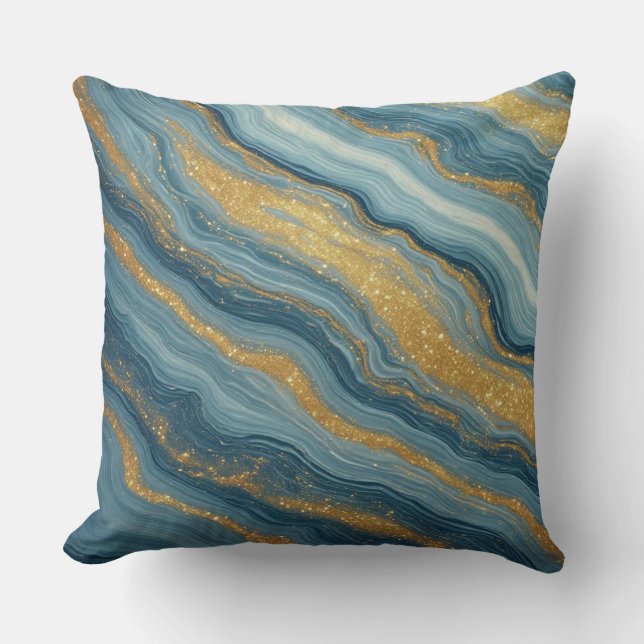 Coussin Marbre Bleu Abstrait Avec Veines D'or (Recto)