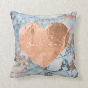 Coussin Marbre bleu d'océan de coeur de brosse d'or de