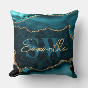 Coussin Marbre d'agate élégant sarcelle et faux or paillet