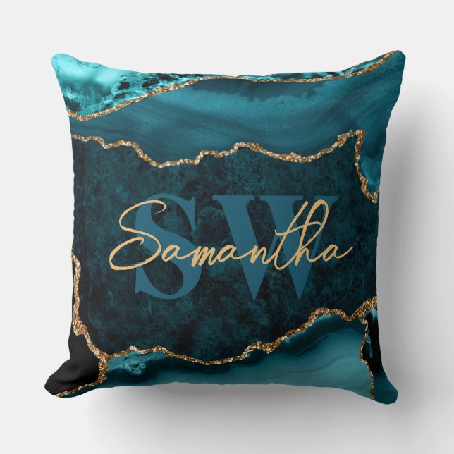 Coussin Marbre d'agate élégant sarcelle et faux or paillet (Recto)