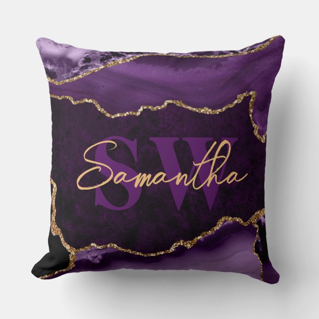 Coussin Marbre d'agate élégant violet et faux or pailleté (Recto)