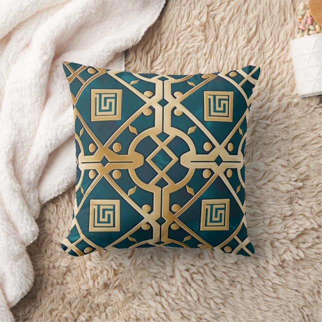 Coussin Marbre de Luxe Art Déco Clé Grecque Vert Mer Or (Couverture)