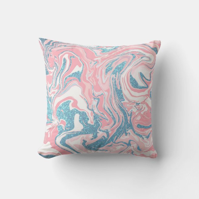 Coussin Marbre de Parties scintillant bleu rose moderne (Recto)