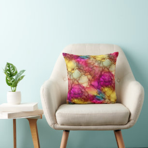 Coussin Marbre fluide rose vif jaune et sarcelle
