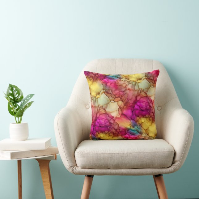 Coussin Marbre fluide rose vif jaune et sarcelle (Chaise)