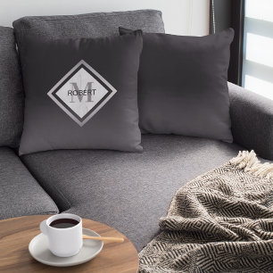Coussin Marbre Géométrique Noir Argent Monogrammé