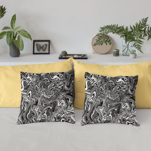 Coussin Marbre Liquide Noir et Blanc Abstrait