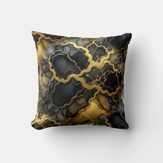 Coussin Marbre Moderne Noir + Luxe Or  (Recto)