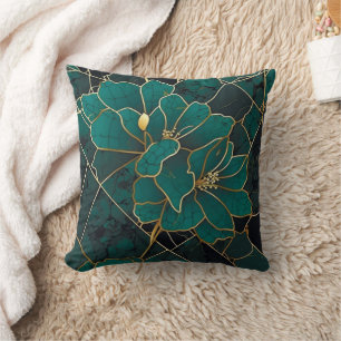 Coussin Marbre Mosaïque Art Déco Floral Vert Émeraude & Or