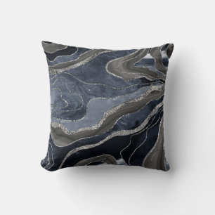 Coussin Marbre noir bleu marine Agate Parties scintillant 