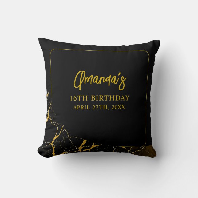 Coussin Marbre noir et or Gratuit 16 Anniversaire (Recto)
