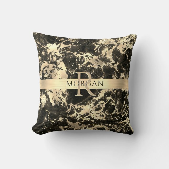 Coussin Marbre Noir+Or, Bande Or, Nom+Monogramme, Vs3 (Recto)