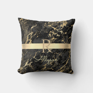 Coussin Marbre Noir & Or, Barre Or, Nom & Monogramme DIY