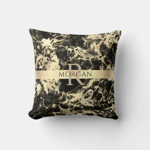 Coussin Marbre Noir+Or, Rayure Or, Nom+Monogramme, Vs3