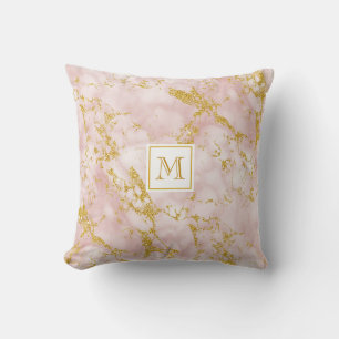 Coussin Marbre Rose Élégant Monogramme Paillettes Faux Or