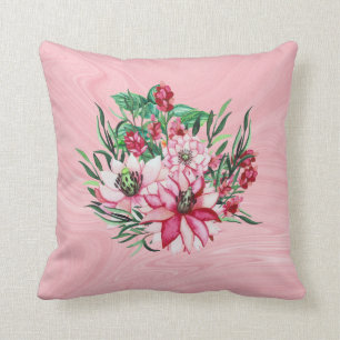Coussin Marbre Rose Et Fleurs Exotiques
