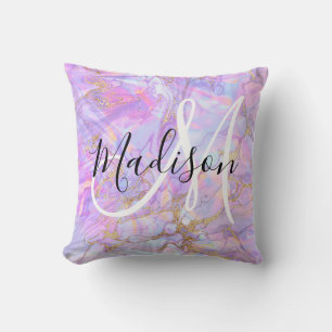 Coussin Marbre Rose Lavande Moderne Monogramme Nom Doré