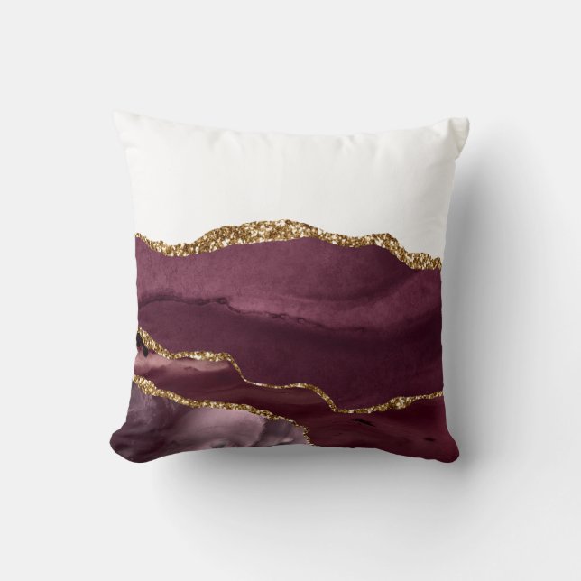 Coussin Marbre Rouge Vin Agate Pailleté Or Style Glamour (Recto)