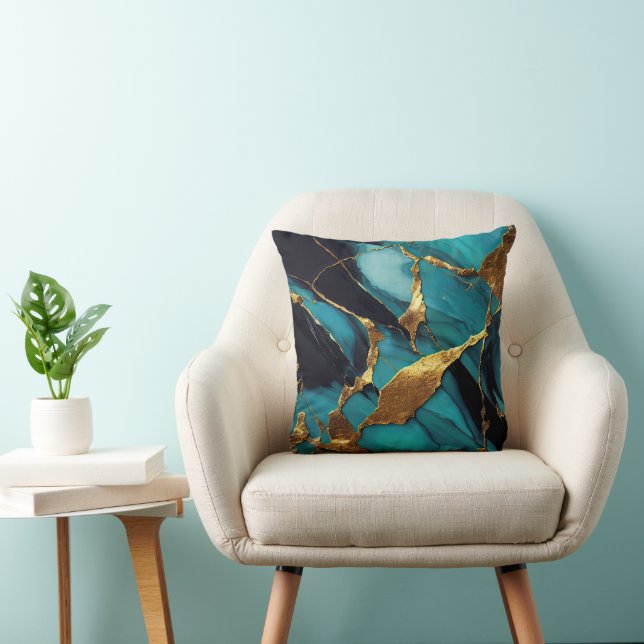 Coussin Marbre sarcelle profond avec veines d'or audacieus (Chaise)