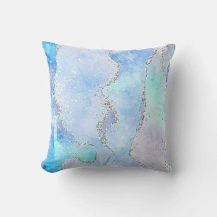 Coussin Marbre tourbillon argent bleu vert pailleté Agate
