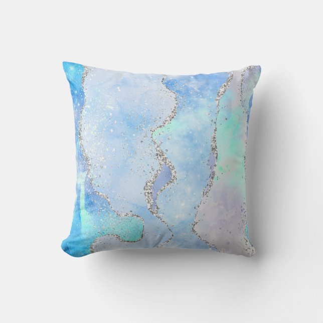 Coussin Marbre tourbillon argent bleu vert pailleté Agate (Recto)