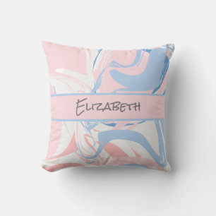 Coussin Marbre tourbillonnant bleu blanc rose Monogramme