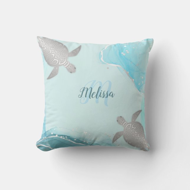 Coussin Marbre Turquoise Argent Monogramme Votre Nom (Recto)